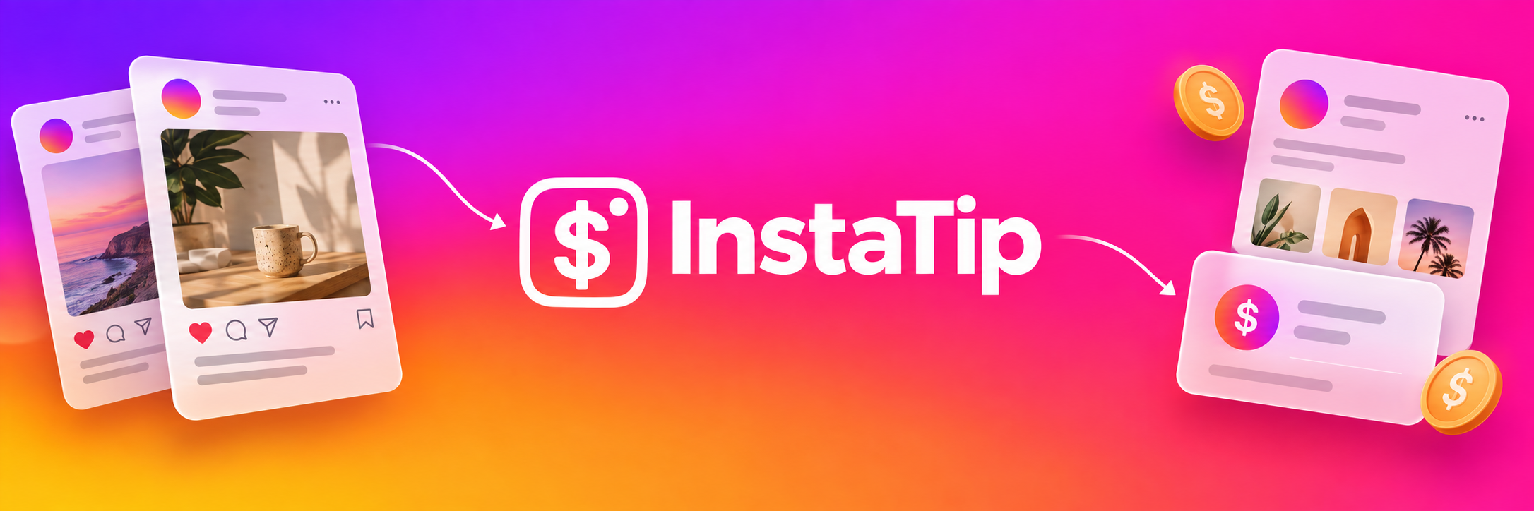 InstaTip dollar-camera logo with creator posts on a violet, pink and orange background